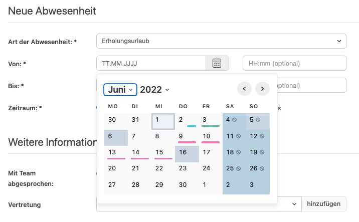 Datumsauswahl mit farblicher Unterscheidung der Abwesenheitsarten