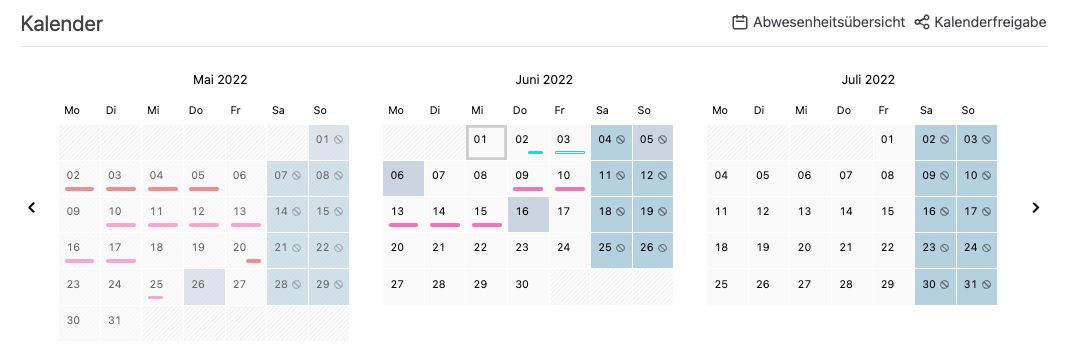 Kalender auf der persönlichen Startseite mit farblicher Unterscheidung der Abwesenheitsarten
