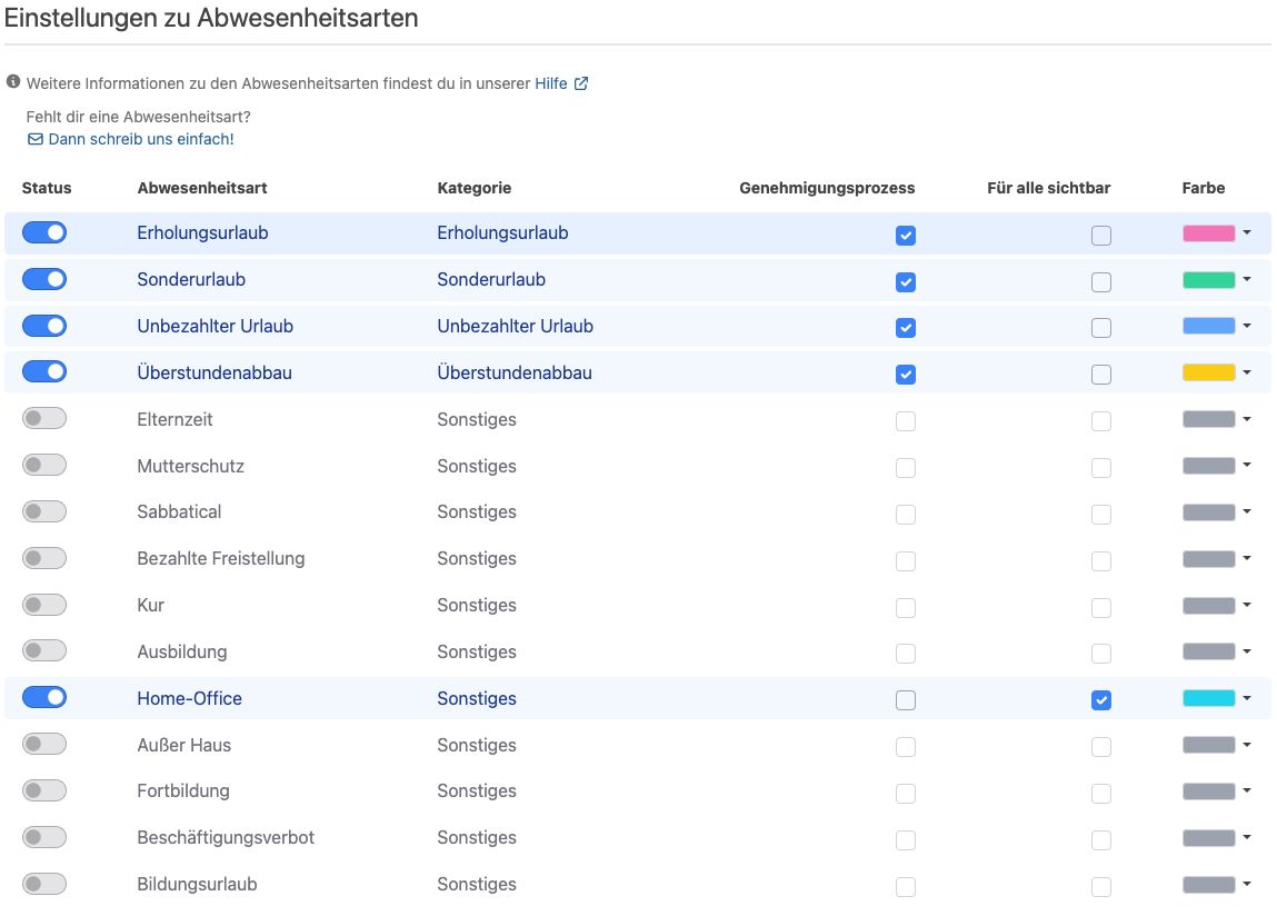 Neue Farbkonfiguration für Abwesenheitsarten