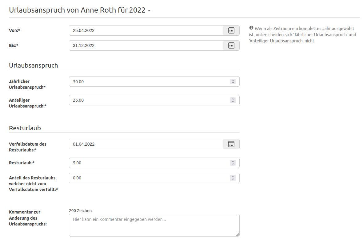 Konfiguration des Urlaubsanspruchs einer Person mit anpassbarem Datum zum Verfall des Resturlaubes