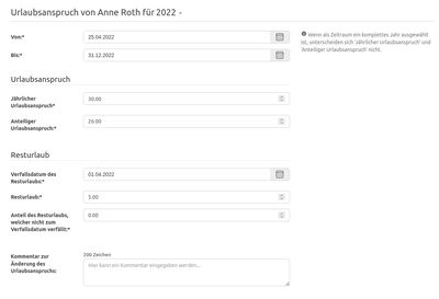 Konfiguration des Urlaubsanspruchs einer Person mit anpassbarem Datum zum Verfall des Resturlaubes