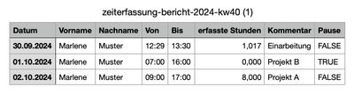 Der CSV Export enthält jetzt auch die konkreten Arbeitszeiten