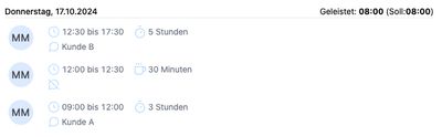 Zeiteinträge mit neuen Icons für Pausen und Kommentare