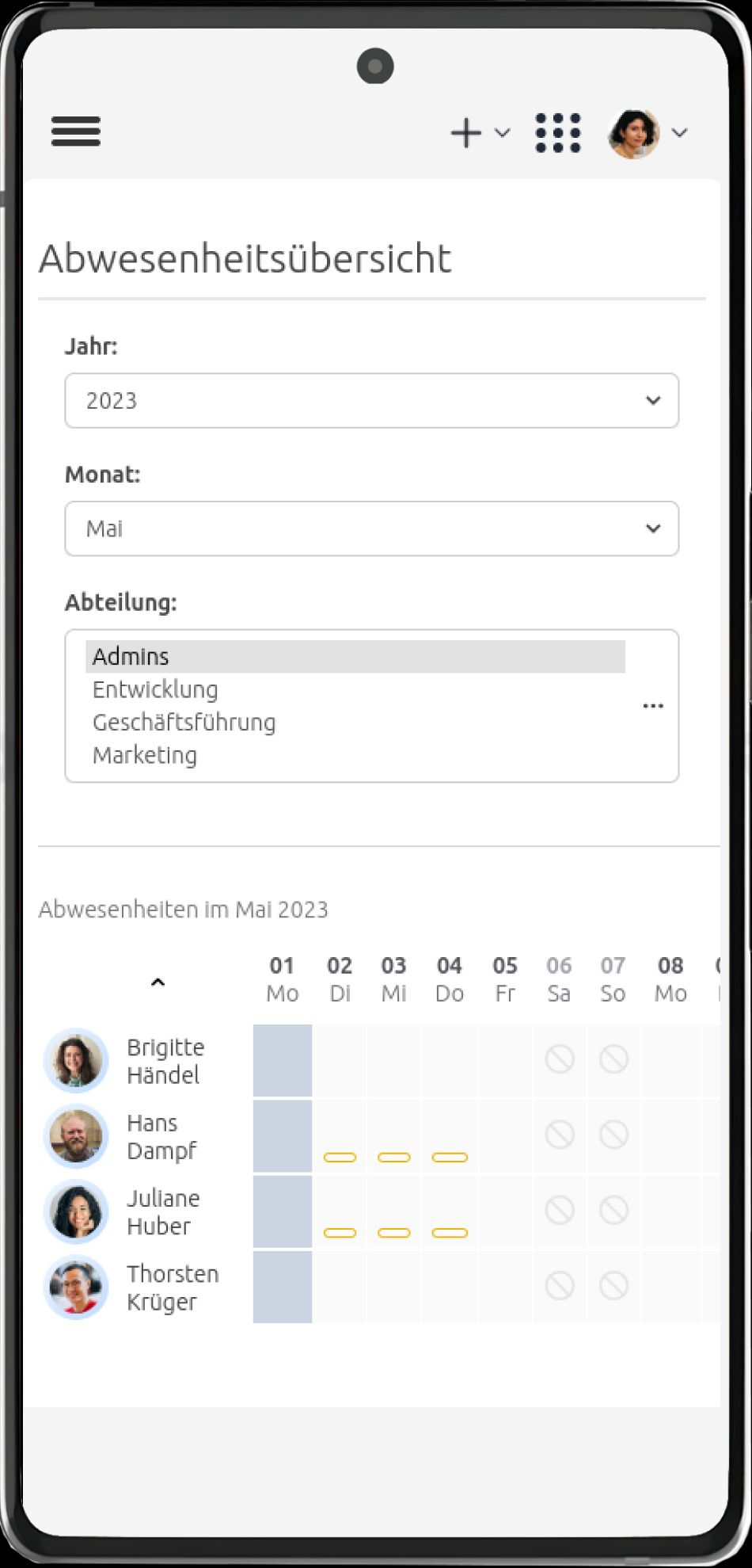 Übersicht über die Abwesenheiten der Mitarbeitenden.