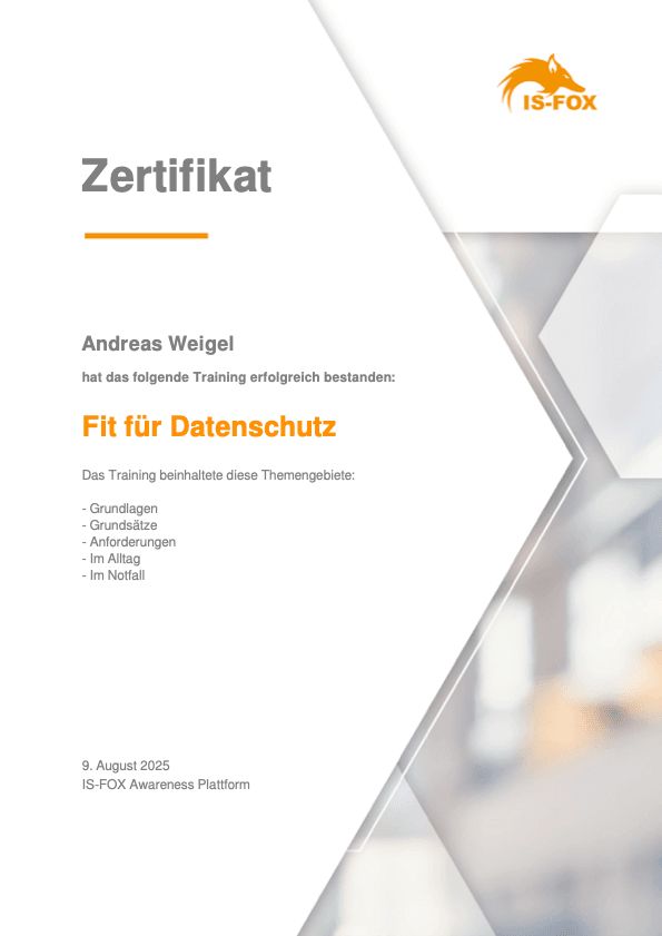 CyberSecurity Zertifikat von Andreas Weigel