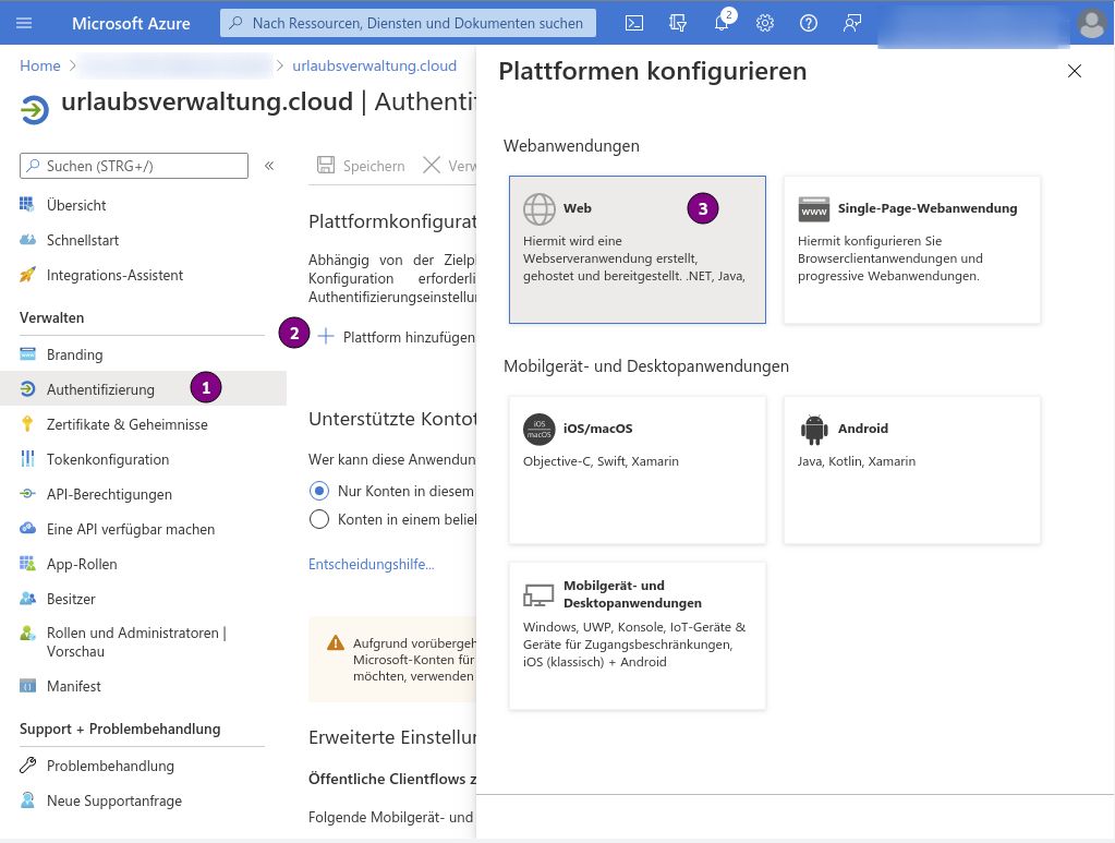 Plattform vom Typ Web anlegen