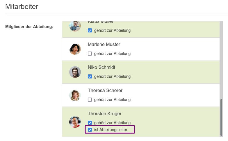 Abteilungsleiter einer Abteilung konfigurieren
