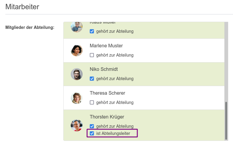 Abteilungsleiter einer Abteilung konfigurieren