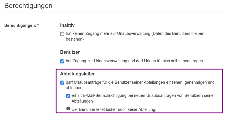 Konfiguration der Berechtigung Abteilungsleiter