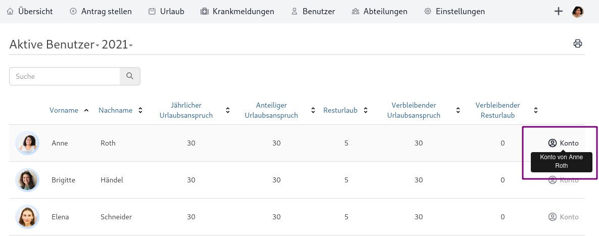 Konto eines Benutzers