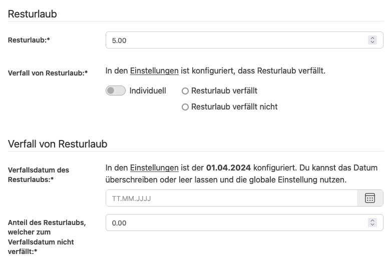 Überschreiben der Konfiguration des Resturlaubes pro Benutzenden