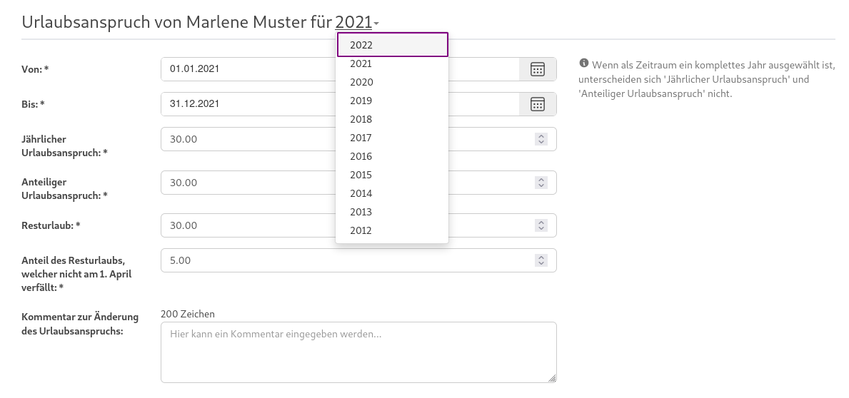 Urlaubsanspruch bearbeiten