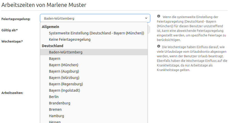 Einstellungsmöglichkeit der persönlichen Feiertagsregelung