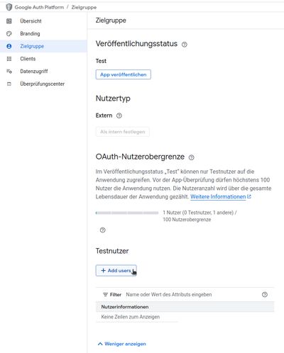 Google OAuth2 Client Testnutzer