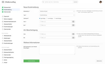 Formular zum Erstellen einer Krankmeldung