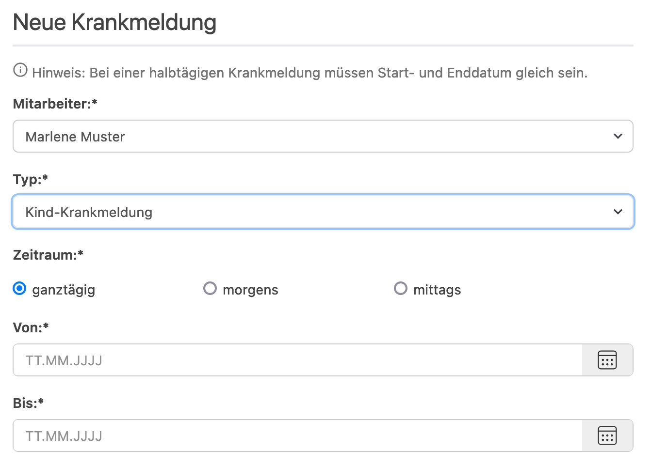 Kindkrankmeldung erfassen