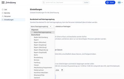 Einstellungen der globalen Feiertagsregelung