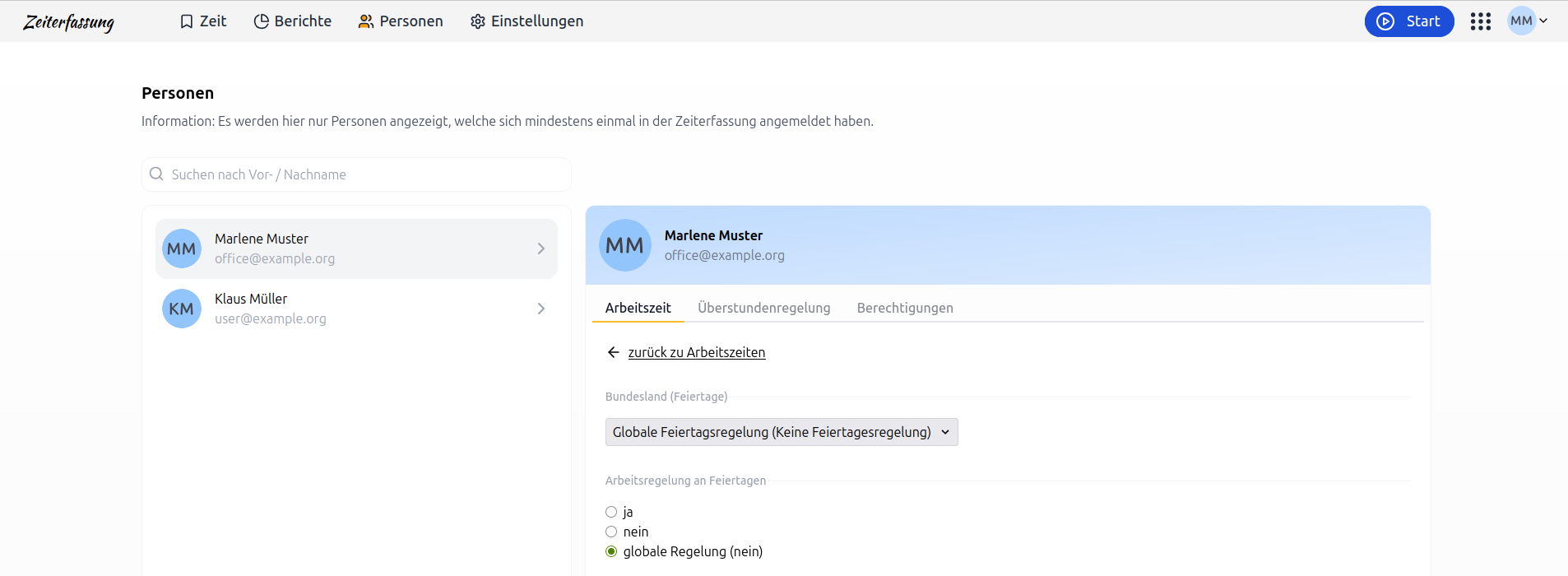 Einstellungen der Feiertagsregelung pro Mitarbeitenden