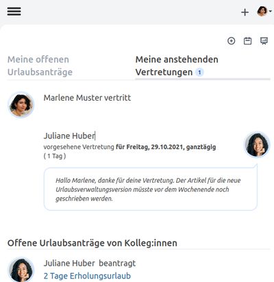 Anstehende Vertretung mit Notiz