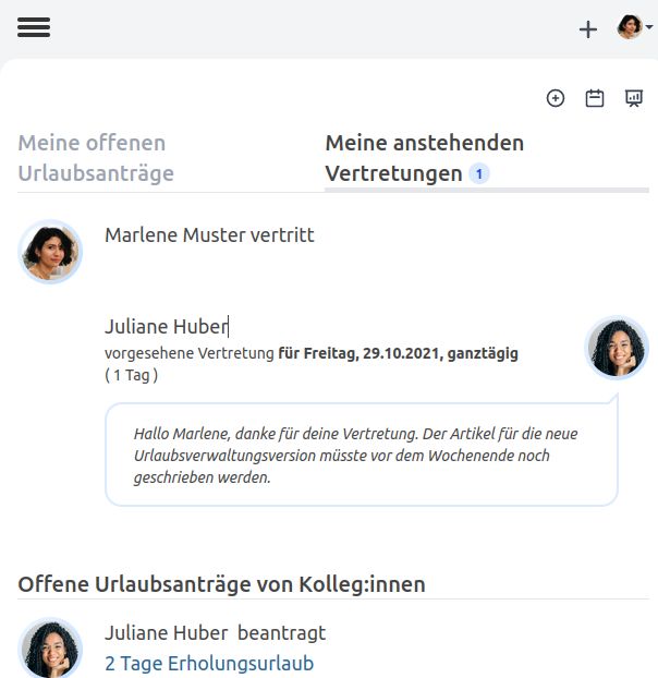 Anstehende Vertretung mit Notiz