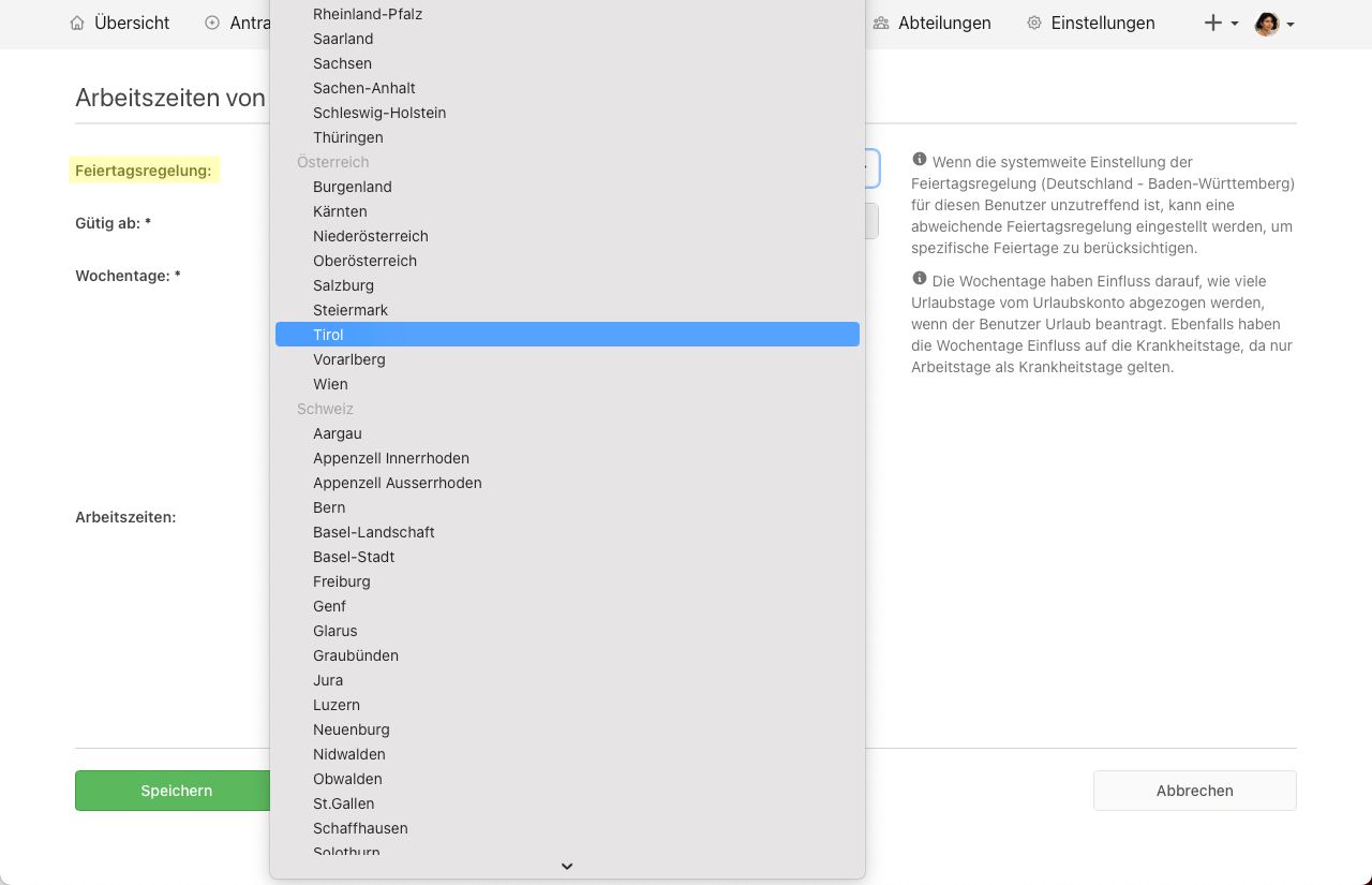 Feiertagsregelung Auswahl einer Person