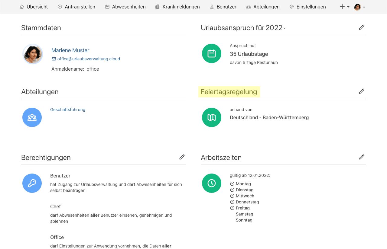 Personübersicht mit Feiertagsregelung Auswahl