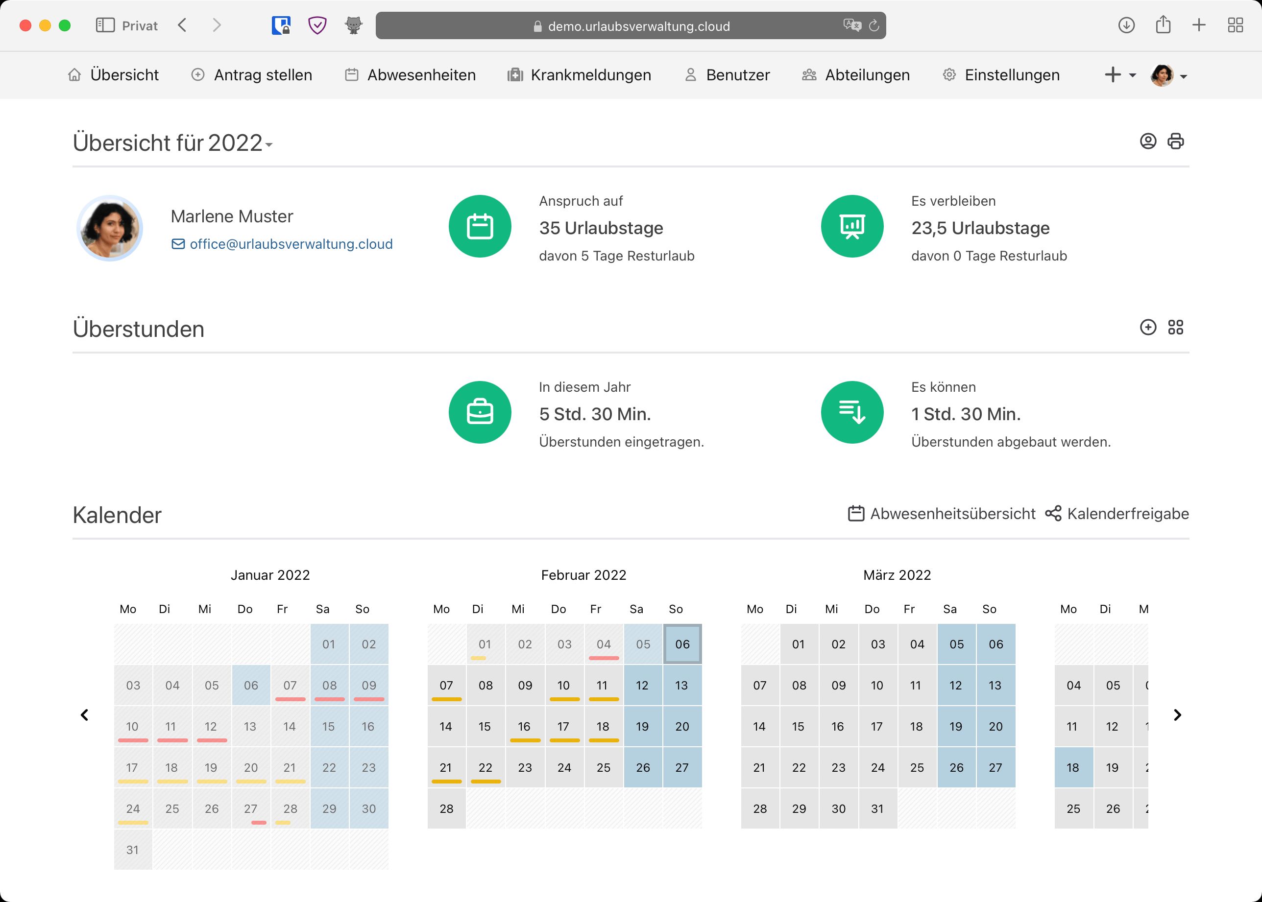 Urlaubsverwaltung Übersichtseite im Light Theme