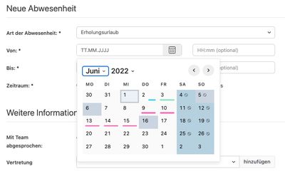 Datumsauswahl mit farblicher Unterscheidung der Abwesenheitsarten