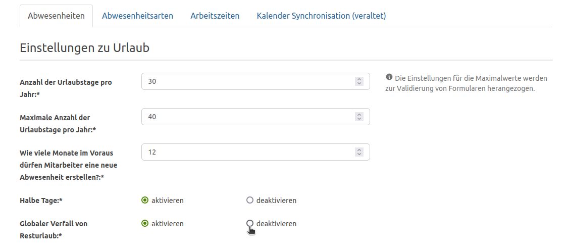 Konfiguration zum Deaktivieren/Aktivieren des Verfalls von Resturlaubs für alle Mitarbeitenden