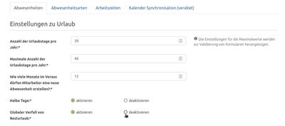 Konfiguration zum Deaktivieren/Aktivieren des Verfalls von Resturlaubs für alle Mitarbeitenden