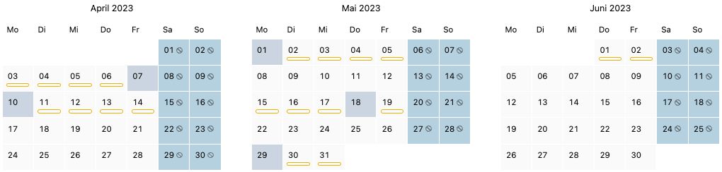 Brückentage im April bis Juni (Kalenderdarstellung)