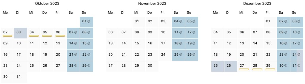 Kalenderdarstellung der Monate Oktober bis Dezember