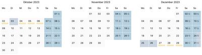Kalenderdarstellung der Monate Oktober bis Dezember