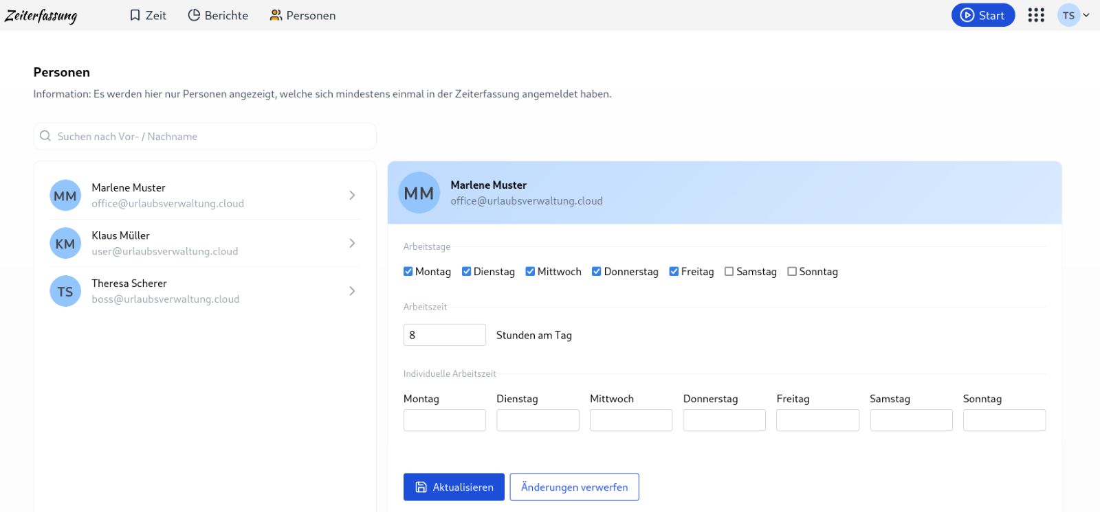 Einstellung der Arbeitszeiten pro Mitarbeitenden