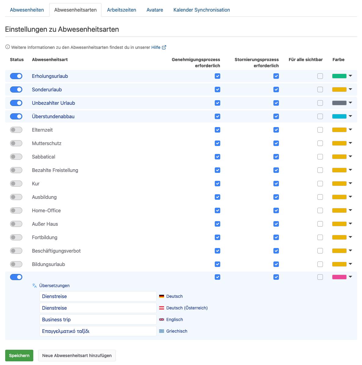 Konfiguration von individuellen Abwesenheitsarten