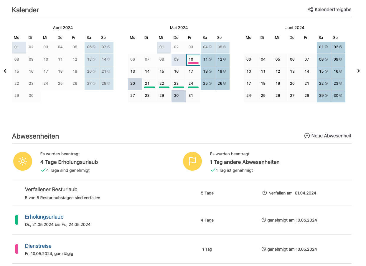 Kalender enthalten ebenfalls die individuellen Abwesenheitsarten