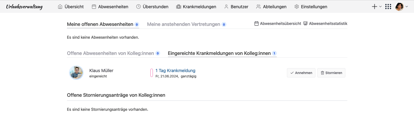 Mitarbeitende mit der Berechtigung „Office” oder „Pflege von Krankmeldungen” bekommen eingereichte Krankmeldungen angezeigt