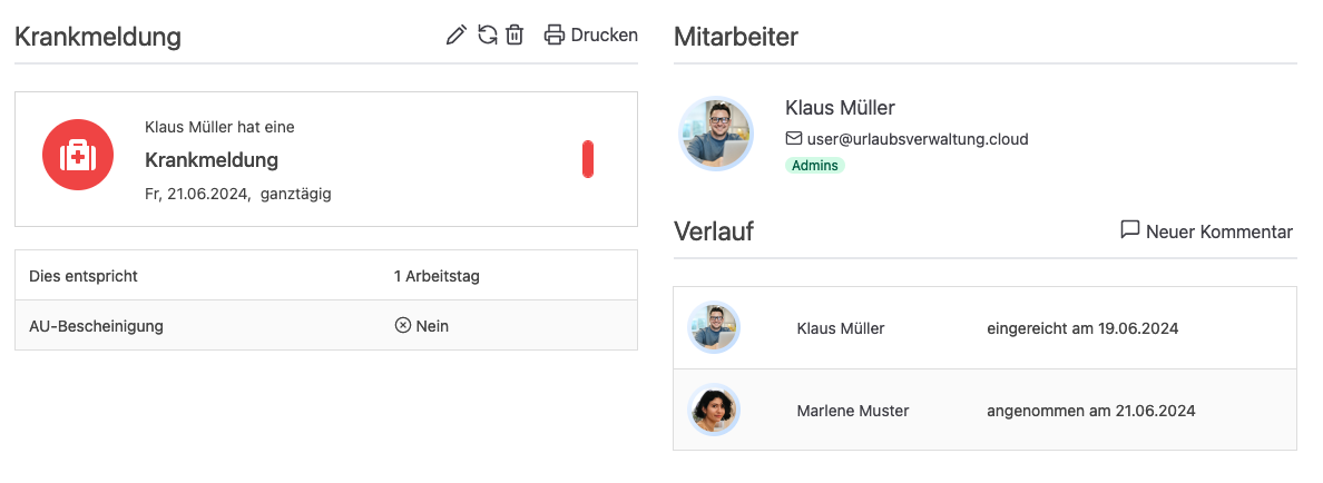 Verlauf in einer Krankmeldung, die von einer Mitarbeitenden eingetragen wurde