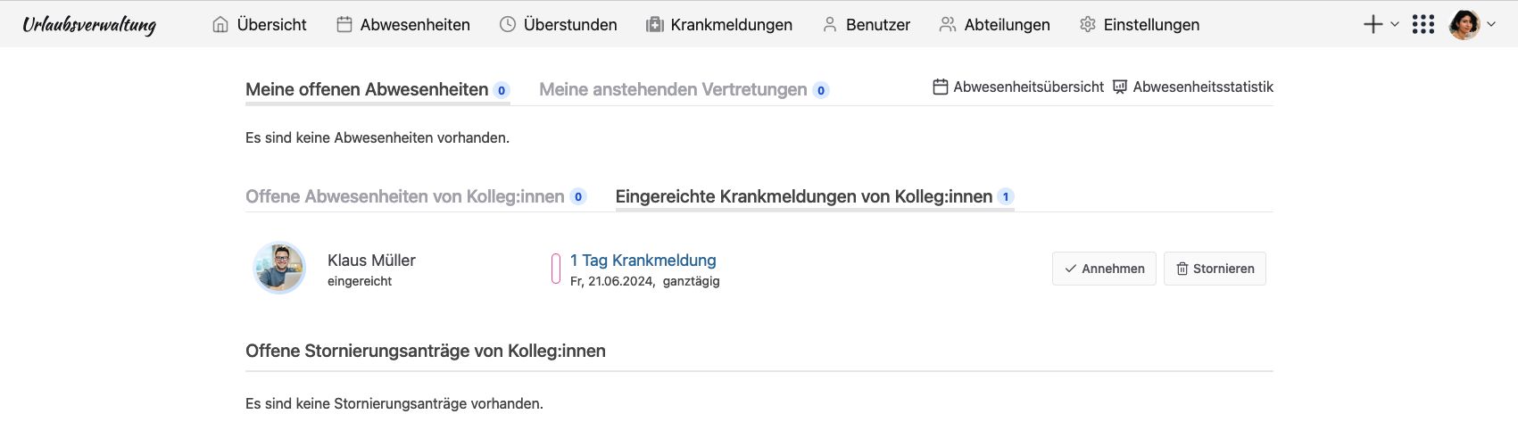 Mitarbeitende mit der Berechtigung 'Office' oder 'Pflege von Krankmeldungen' bekommen eingereichte Krankmeldungen angezeigt