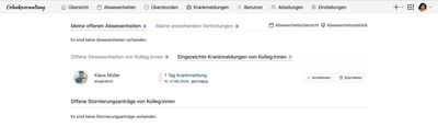 Mitarbeitende mit der Berechtigung 'Office' oder 'Pflege von Krankmeldungen' bekommen eingereichte Krankmeldungen angezeigt