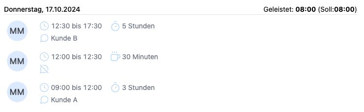 Zeiteinträge mit neuen Icons für Pausen und Kommentare