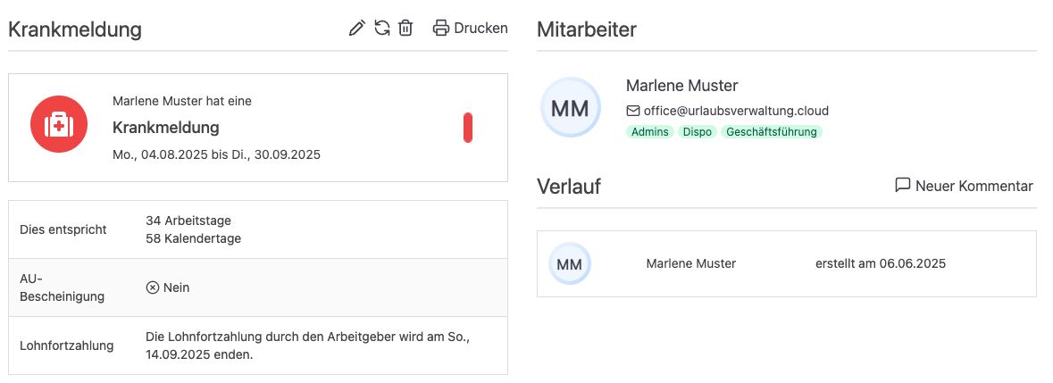 Details einer Krankmeldung inklusive Informationen zur Lohnfortzahlung