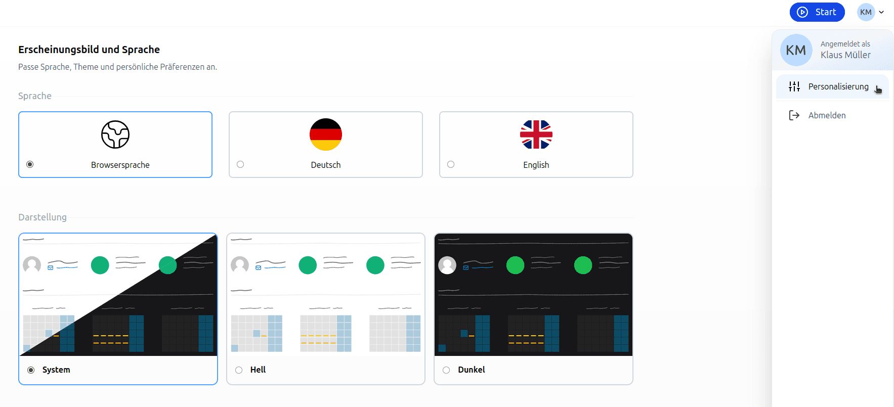 Screenshot der Zeiterfassung im hellen Modus mit geöffnetem Auswahlmenü für den Dark Mode und die Spracheinstellungen.