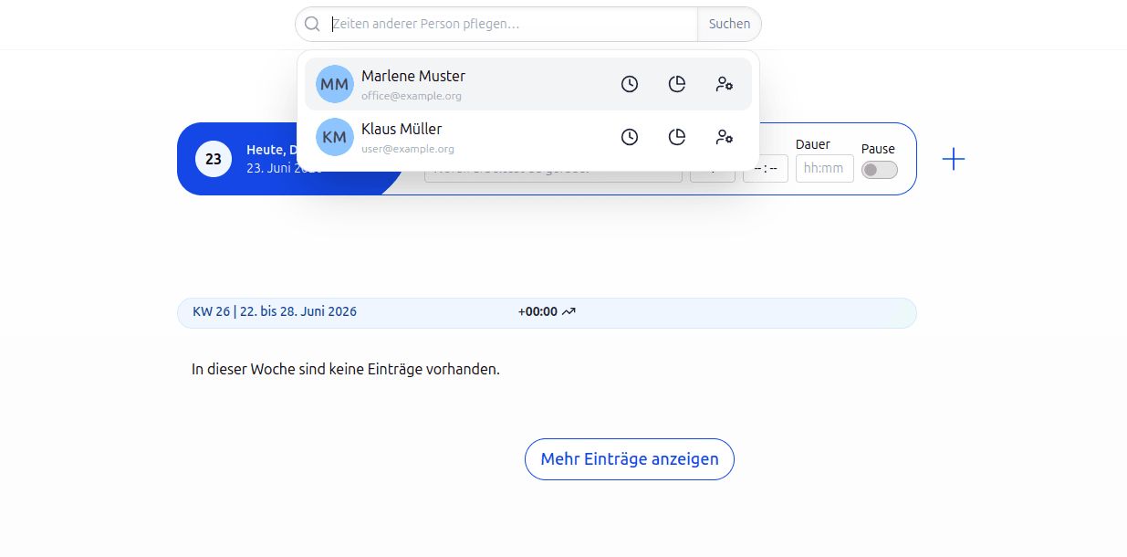 Screenshot der Zeiterfassung 3.0.0 mit geöffnetem Suchfenster der neuen globalen Suche im Vordergrund.