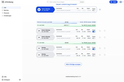 Screenshot der Zeiterfassung 3.0.0 mit der neuen Sidebar-Navigation an der linken Seite.