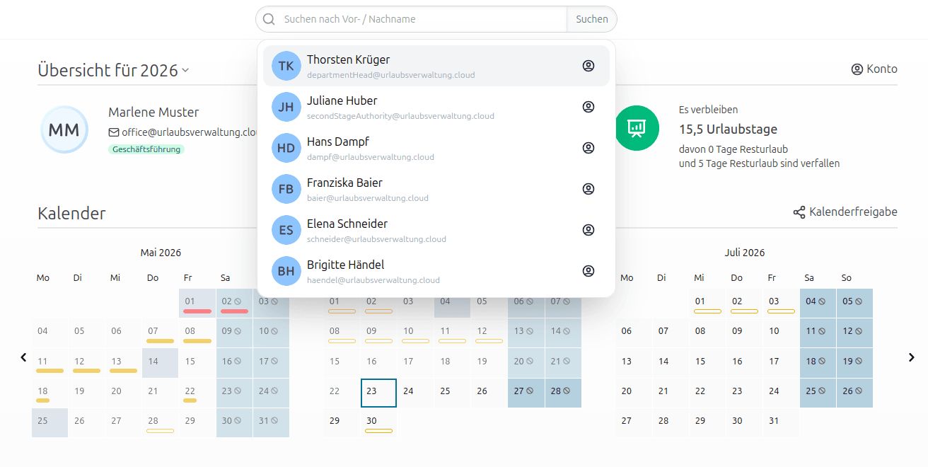 Screenshot der Urlaubsverwaltung 6.0.0 mit geöffnetem Suchfenster der neuen globalen Suche im Vordergrund.