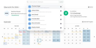 Screenshot der Urlaubsverwaltung 6.0.0 mit geöffnetem Suchfenster der neuen globalen Suche im Vordergrund.